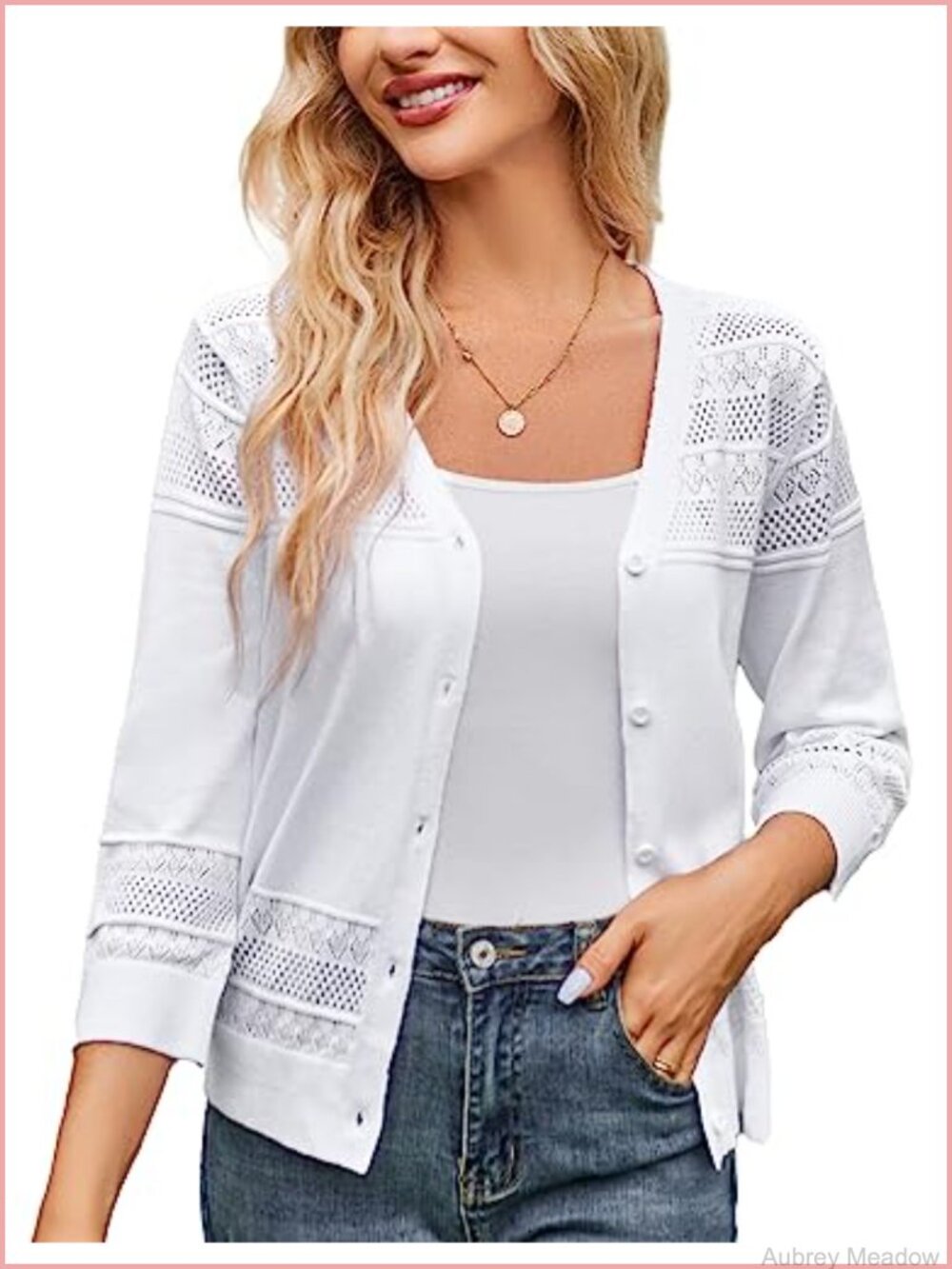 Crochet Cardigan 3/4 Sleeve Women's Button Knit Shrug